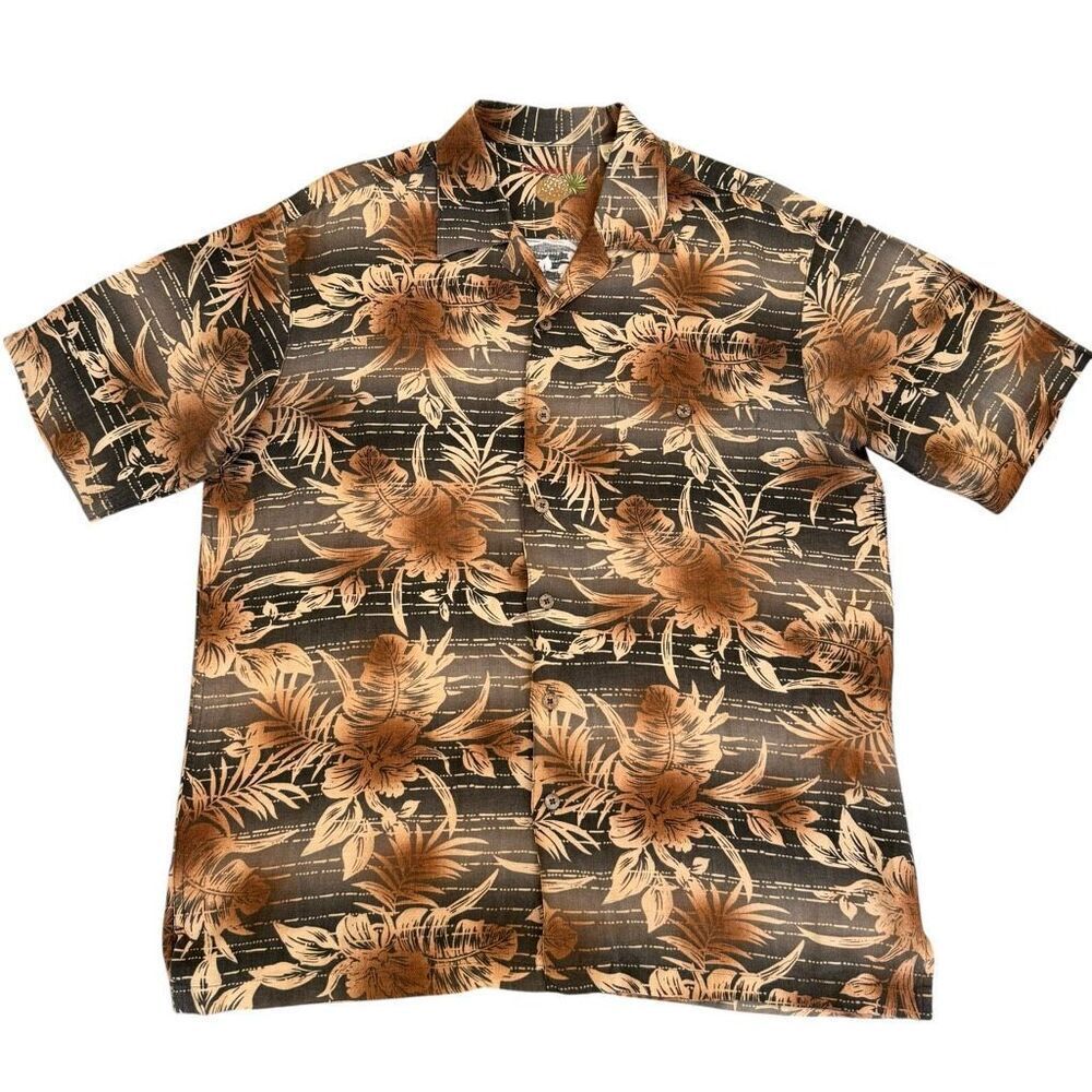 Caribbean linen blend Hawaiian Shirt Size L Hibiscus & Palm Front Chest Pocket